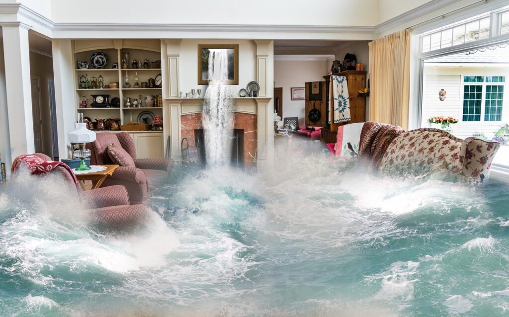 severe flooding in the living room of a home