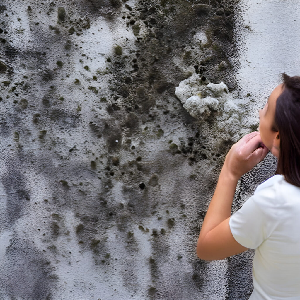 women staring at mold on wall