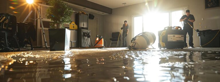 a dynamic scene depicting a water damage restoration team energetically working in a modern indoor setting, showcasing advanced equipment and drying machinery amidst visibly soaked carpet and walls, illuminated by bright, clinical lighting.