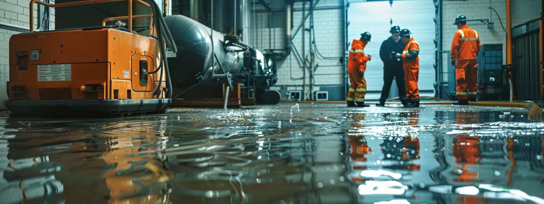 A room flooded with water and a team doing the remediation