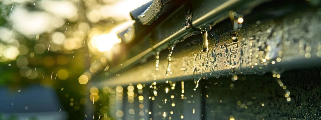 a close-up shot of a meticulously clean gutter system on a suburban home, with droplets of water glistening as they flow smoothly through the downspout, illuminated by soft afternoon light, emphasizing its crucial role in protecting the house from water damage.