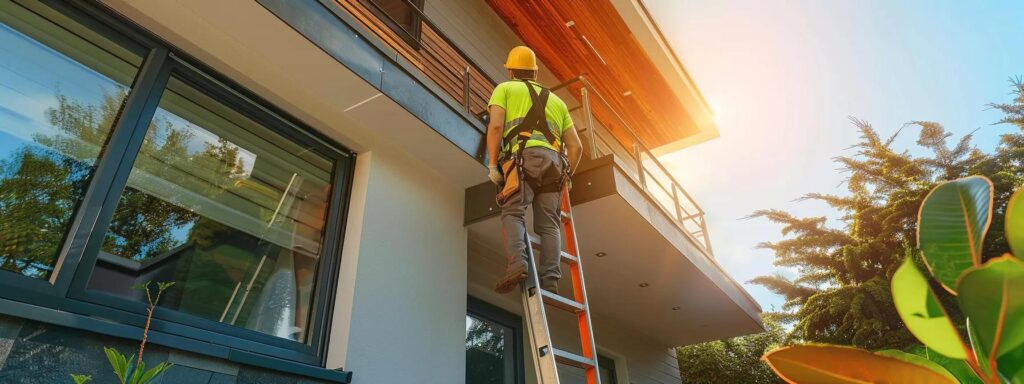 a confident professional, clad in safety gear, inspects a ladder positioned against a well-maintained modern home, highlighting the importance of hiring expert gutter cleaners for maintaining structural integrity and safety.