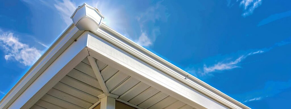 a detailed shot of a clean, modern home exterior featuring meticulously maintained rain gutters, showcasing their importance in protecting the building from water damage, with a bright blue sky in the background for a vibrant contrast.