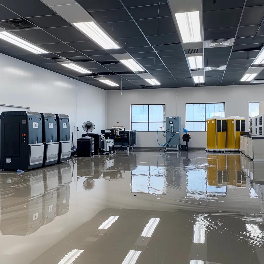 a modern, well-lit restoration office showcases advanced equipment like industrial dehumidifiers and drying fans methodically arranged around a water-damaged area, emphasizing the high-tech methods used in water damage restoration.