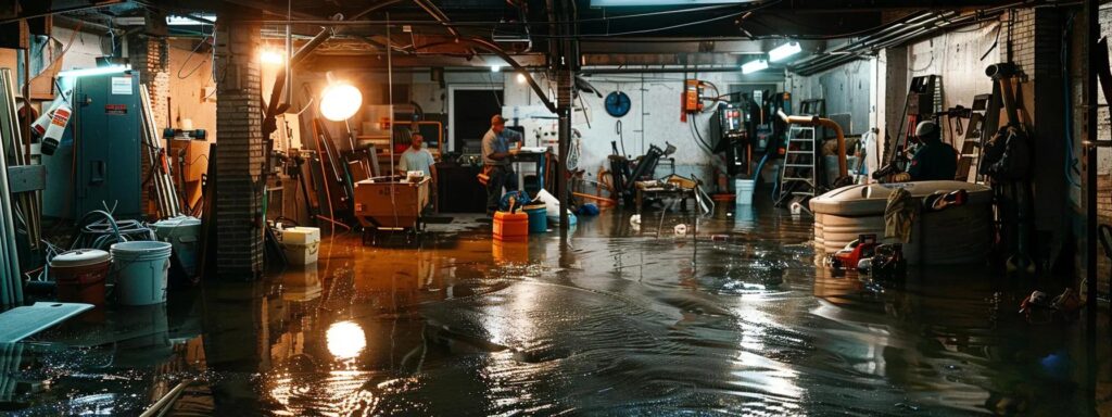 a professional water damage restoration team meticulously works inside a flooded urban basement, surrounded by industrial drying equipment and bright overhead lights, capturing the urgency and precision of flood clean-up efforts.