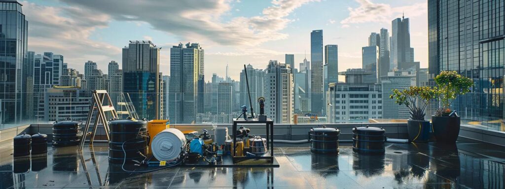 a sleek, modern urban rooftop workspace showcases advanced gutter cleaning tools prominently arranged on a polished surface, illustrating innovation and efficiency in maintenance practices against a backdrop of the city skyline.
