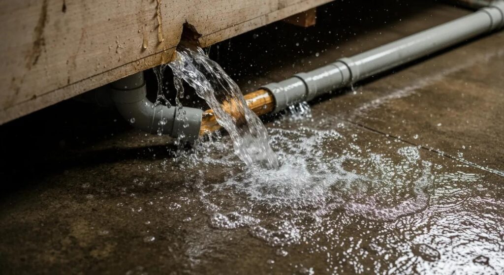 Close-up of a burst pipe in a home, illustrating plumbing failure and water damage