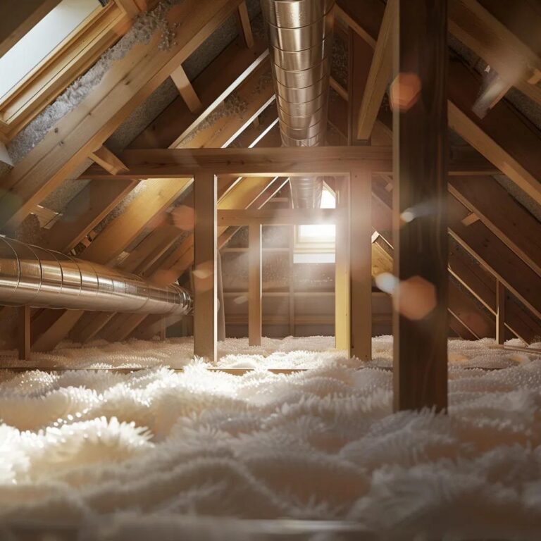 Bright and clean attic space free of mold, showcasing wooden beams and insulation