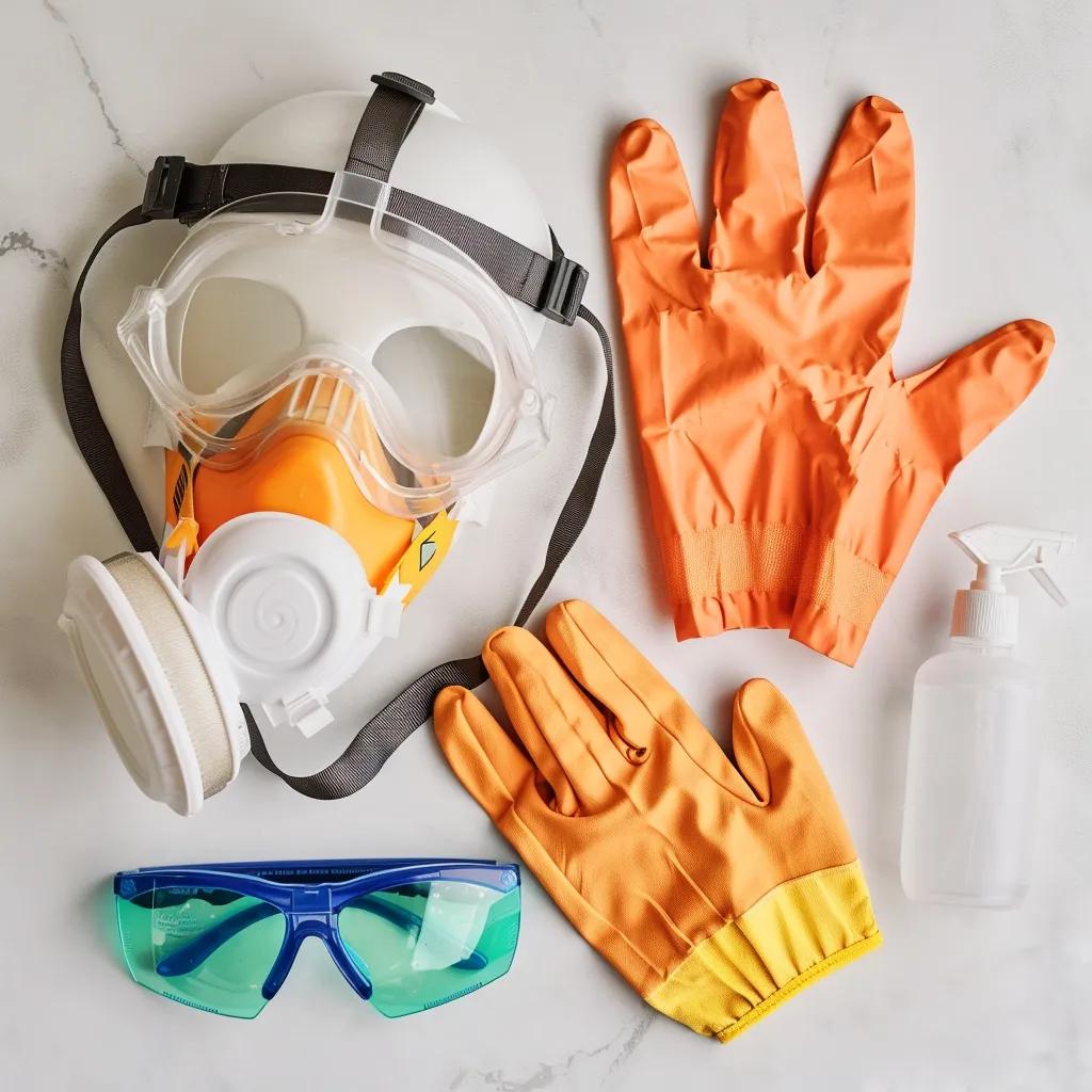 Personal protective equipment for mold removal, including respirator, gloves, and goggles