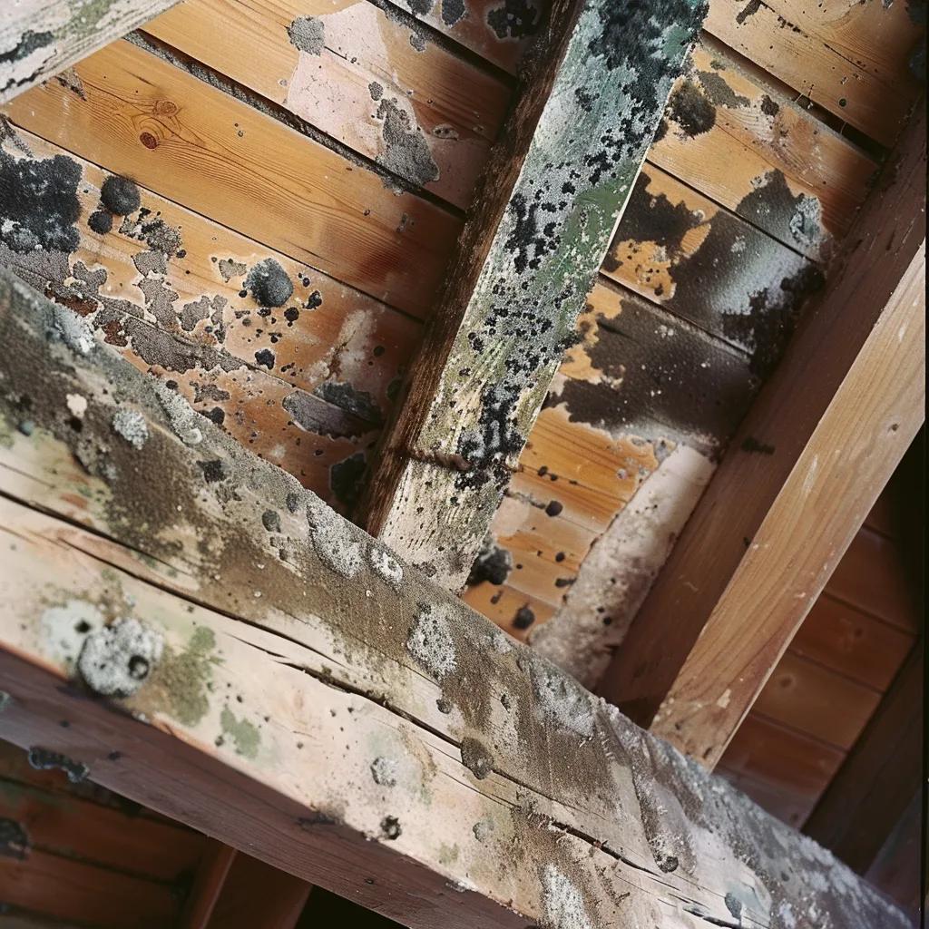Close-up of different mold types on attic wood, highlighting black, green, and white patches