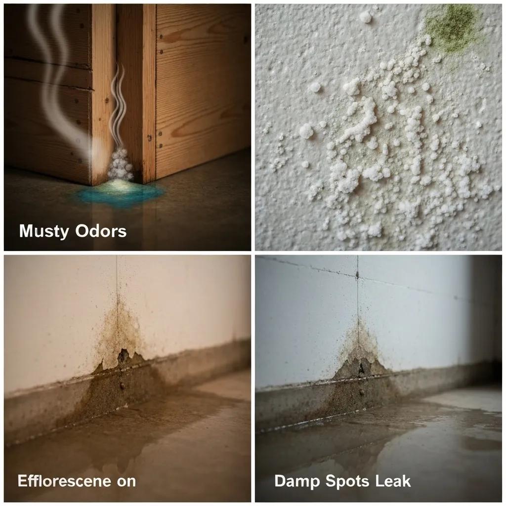 A visual compilation showcasing common indicators of basement water leaks, including efflorescence, damp patches on walls, and the distinct smell of mustiness.