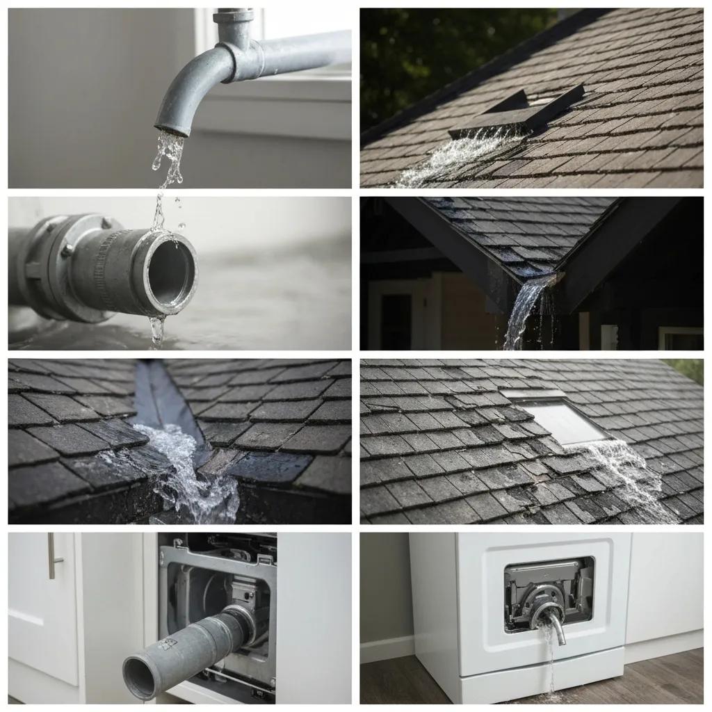 Collage of common causes of water damage including burst pipes and roof leaks