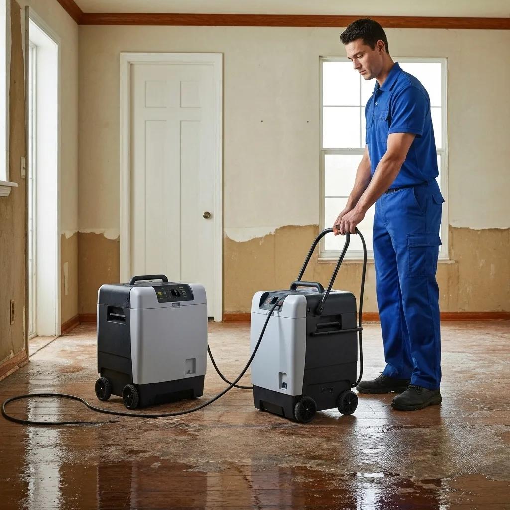 Professional technician using drying equipment in a water-damaged home, highlighting structural drying techniques