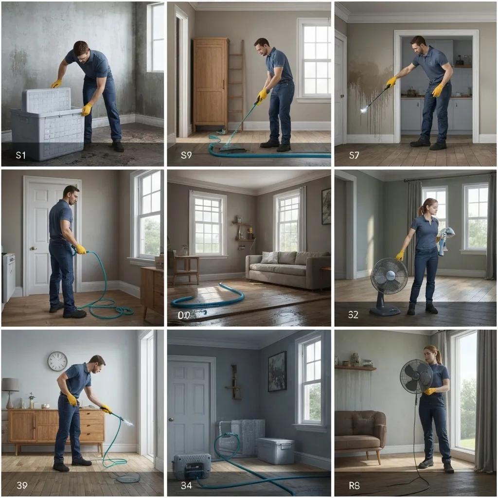 Step-by-step water damage restoration process with technicians at work