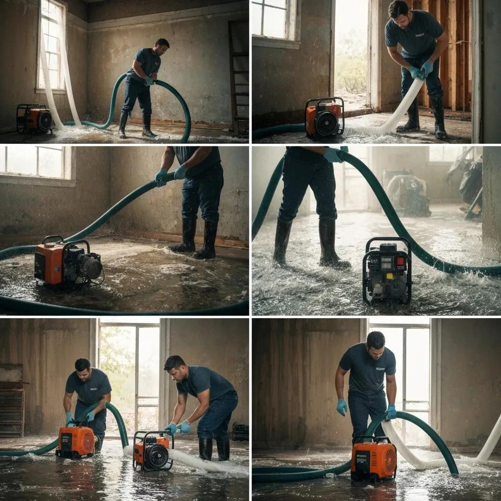 Technicians skillfully implementing core structural drying methods in a water-damaged area, illustrating effective and precise restoration techniques