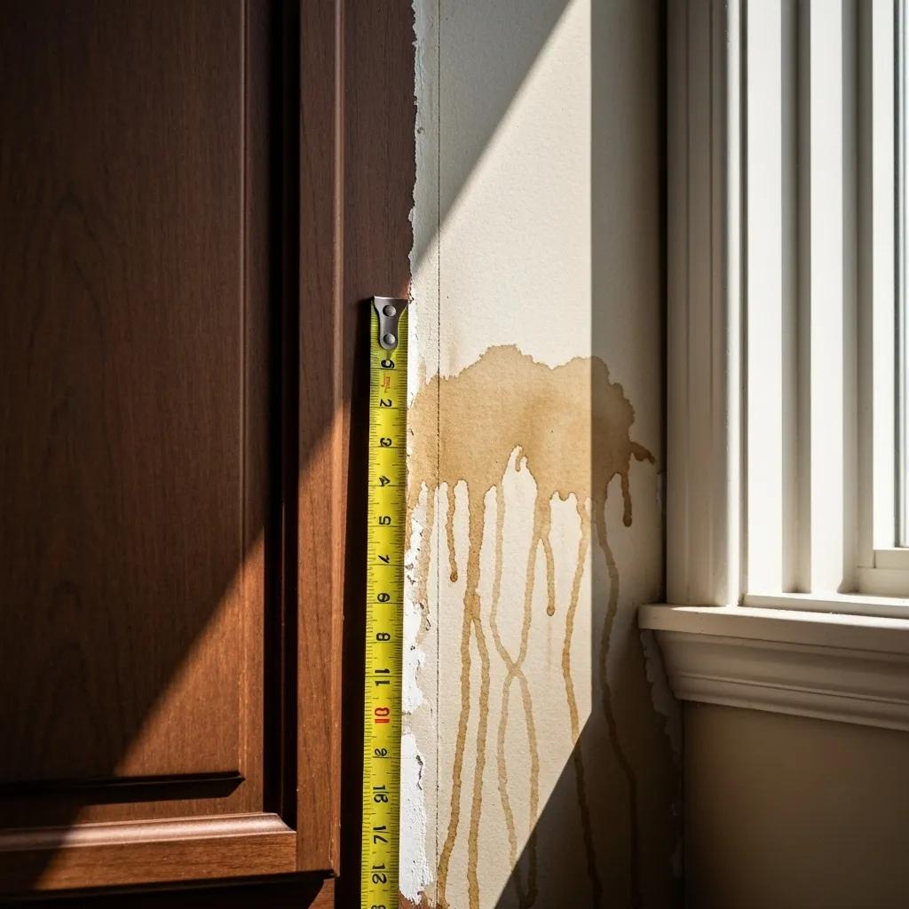 Visible water stains on cabinetry and drywall indicating signs of water damage