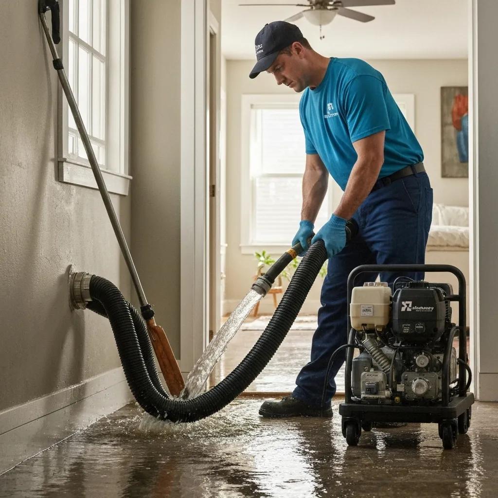 Water damage restoration technician extracting water in a flooded home