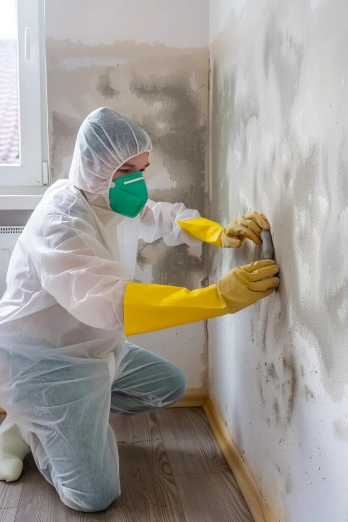 Apartment interior showcasing mold removal process with technician in protective gear