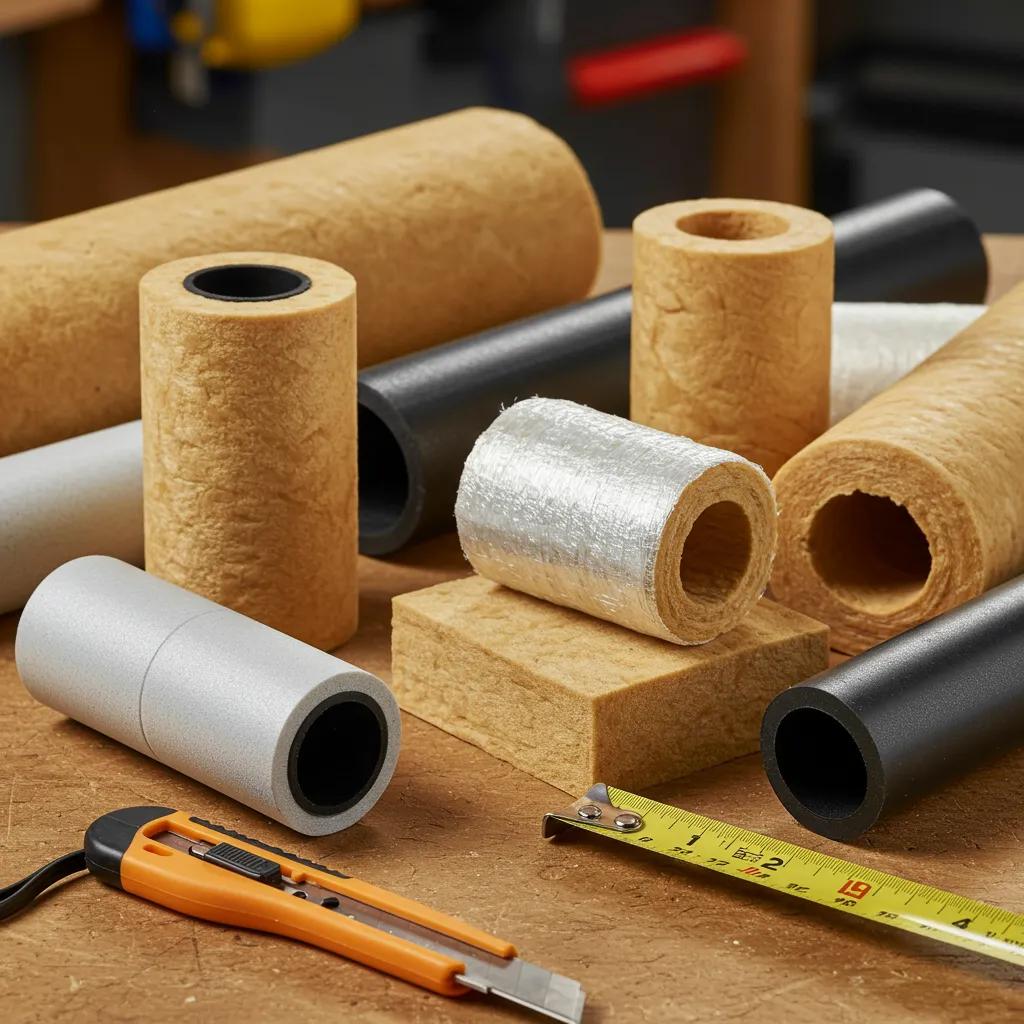 A close-up view of various pipe insulation materials on a workbench, showcasing different options for preventing frozen pipes and water damage.