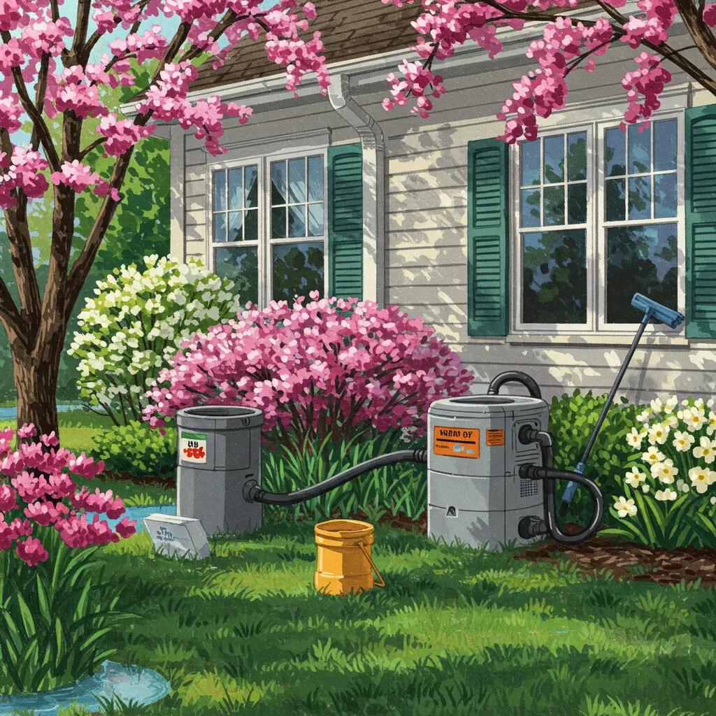 Homeowner cleaning gutters and checking sump pump for spring flood prevention