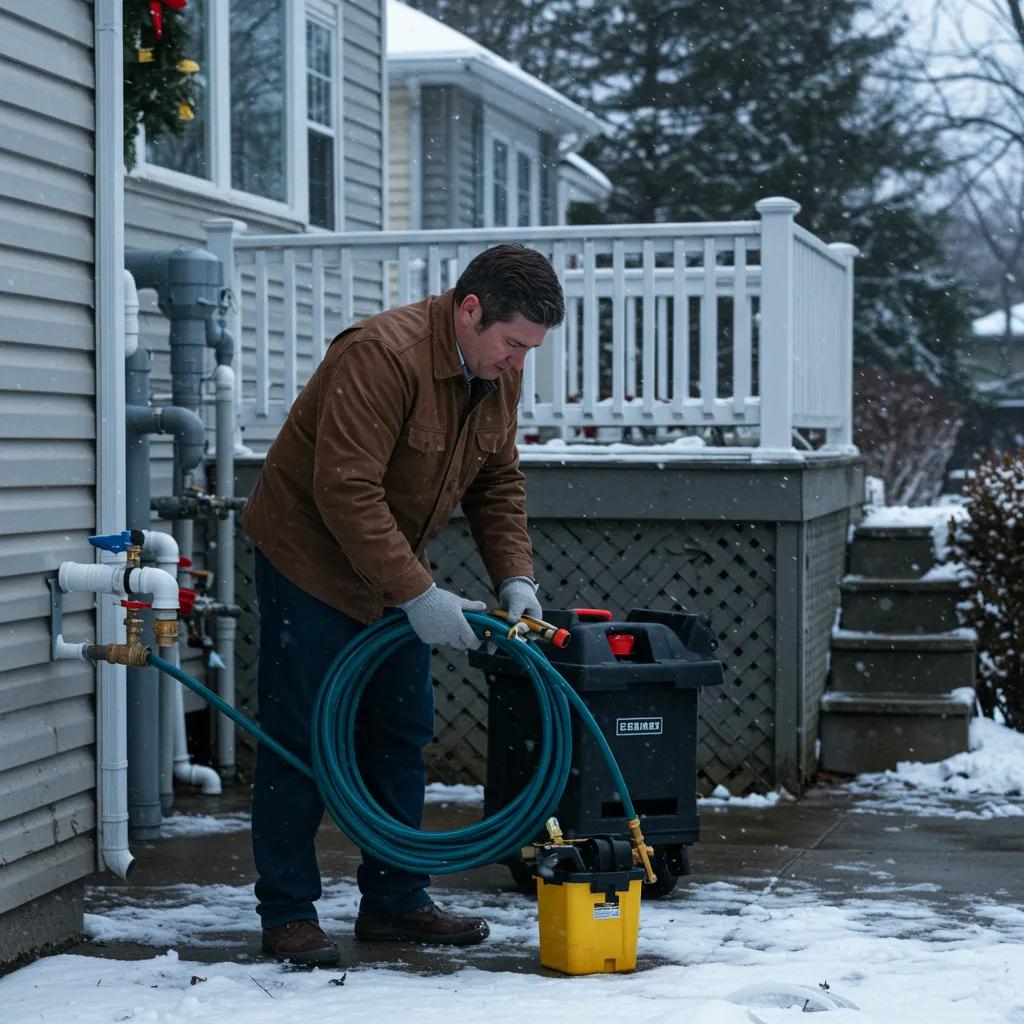 A homeowner actively winterizing their plumbing by draining a garden hose and insulating pipes, demonstrating crucial preventive measures against burst pipes.