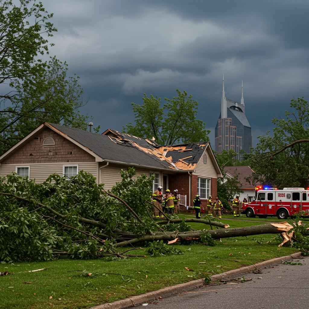 Storm damage in Nashville with a house showing roof damage and fallen branches, emphasizing urgent restoration needs