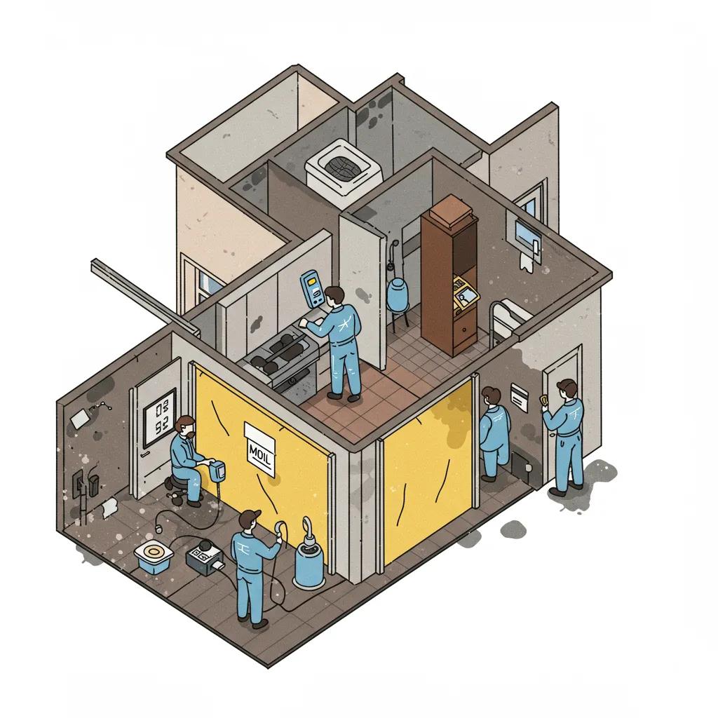 Technicians conducting mold remediation in an apartment, showcasing the process and equipment used