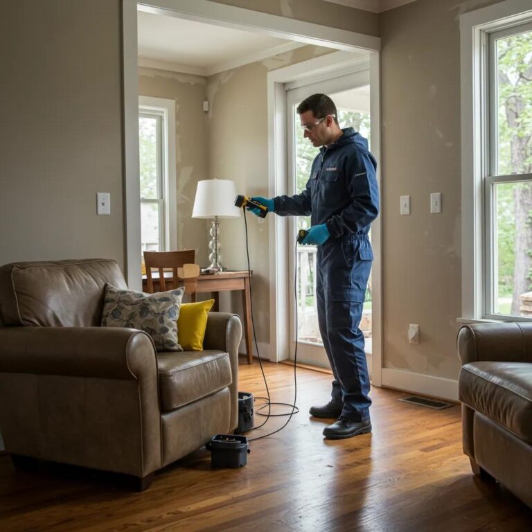A certified water damage restoration technician using advanced equipment to assess moisture levels in a home after a flood