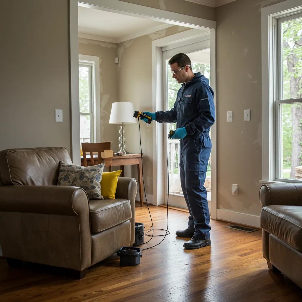 Water damage restoration professional assessing a flooded home with moisture detection equipment, wearing gloves and protective eyewear, in a living room setting.