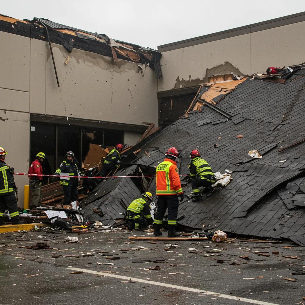 Commercial building with wind damage, showing a compromised roof and emergency crews securing the site.