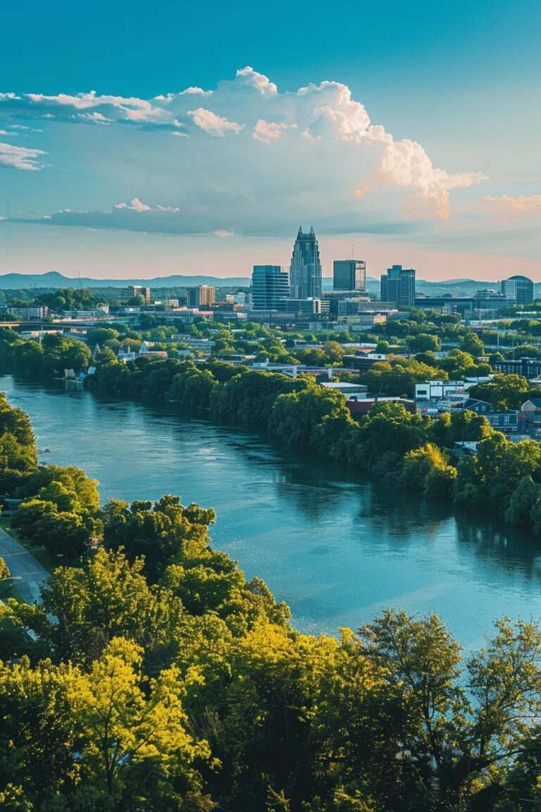 Scenic view of Nashville highlighting the Cumberland River with bluer water and urban landscape, emphasizing flood risk context