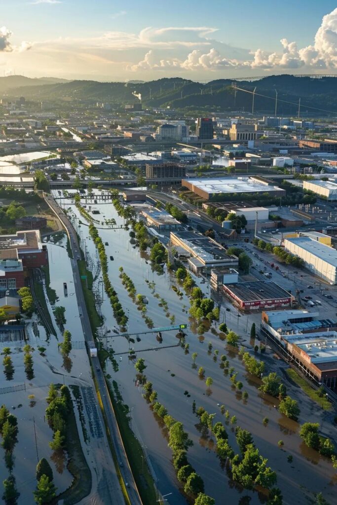 Aerial view of Nashville urban development showing impervious surfaces and pooling water, illustrating flood risk