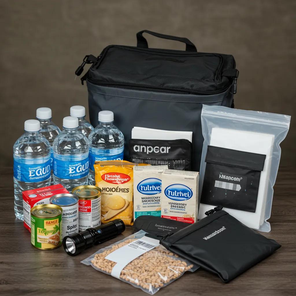 Emergency flood preparedness kit with essential items for Nashville residents, emphasizing readiness and organization