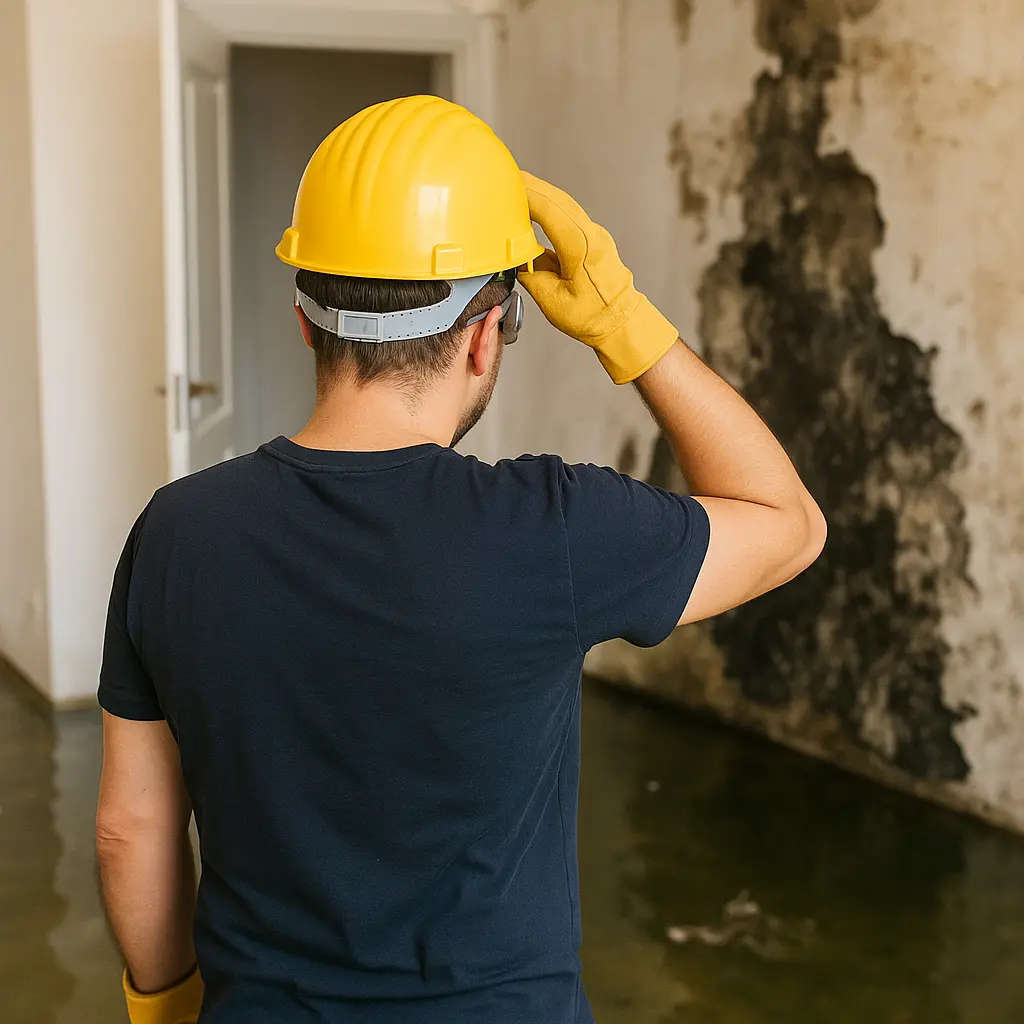 a man looking at a wall with mold growth due to water damage in a business