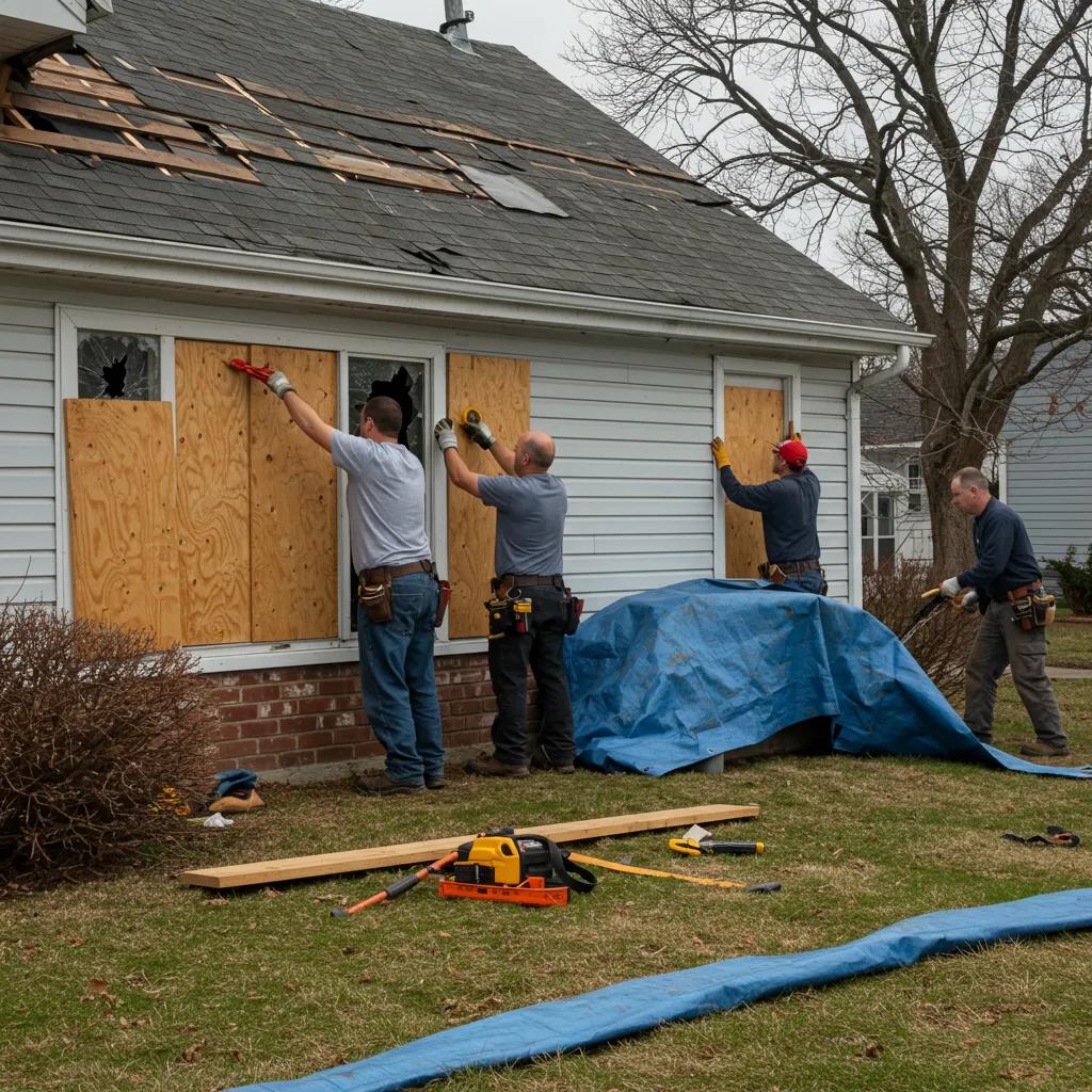 Crew boarding up windows and tarping a damaged roof after a storm