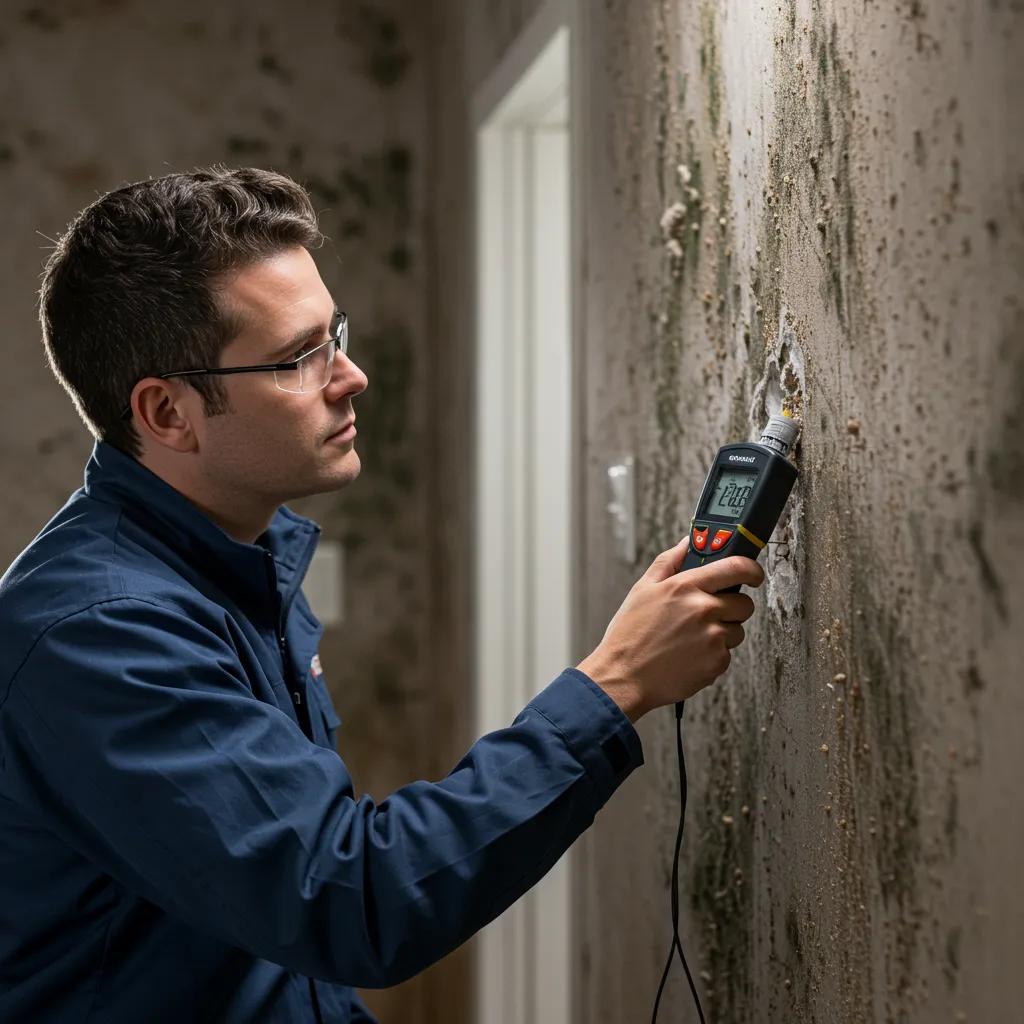 Technician inspecting a wall for mold during remediation