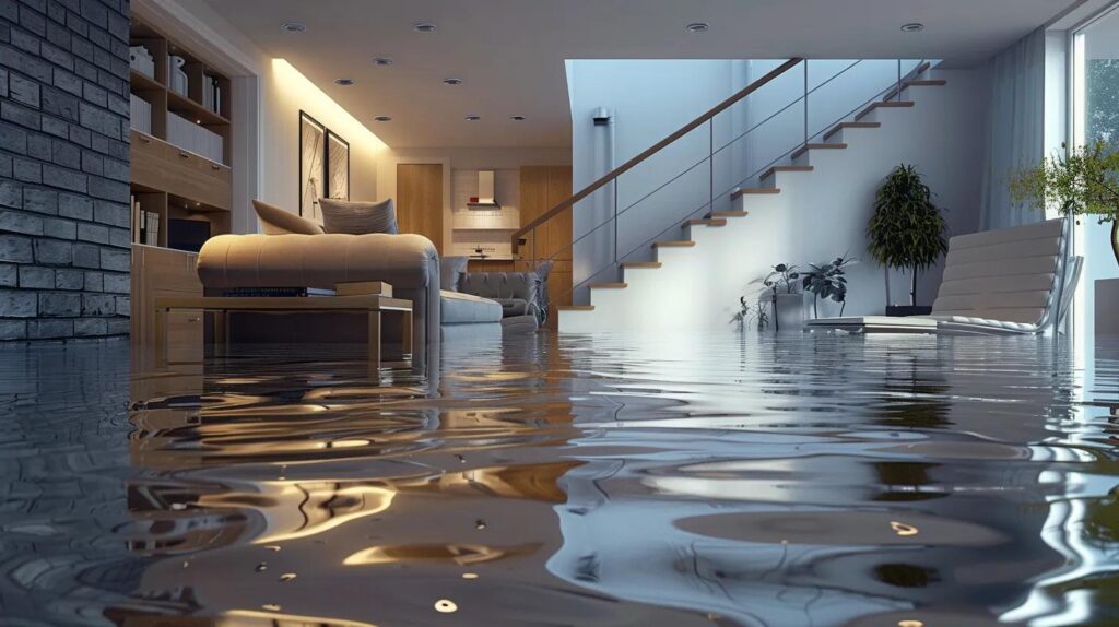 Water Damage Restoration Process: a basement of a home with water flooding on the floor
