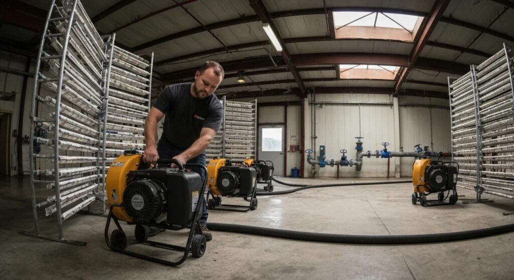 Technician setting up drying equipment during emergency water removal