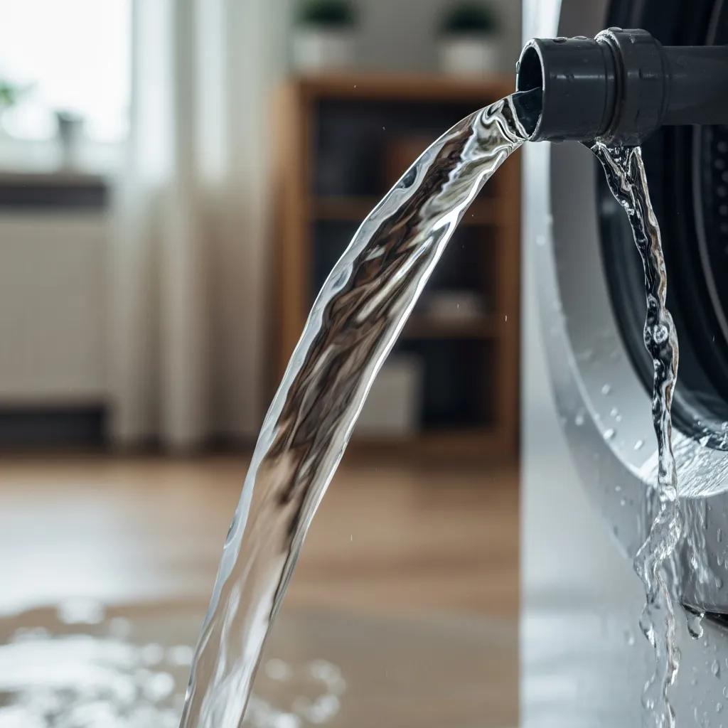 Close-up of a burst pipe and leaking washing machine, illustrating causes of water damage in homes