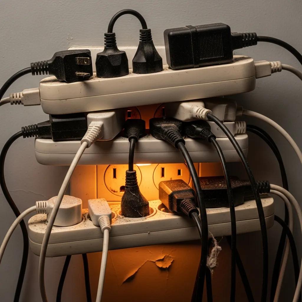 Close-up of an overloaded outlet with multiple plugs to illustrate fire hazards from improper electrical setups