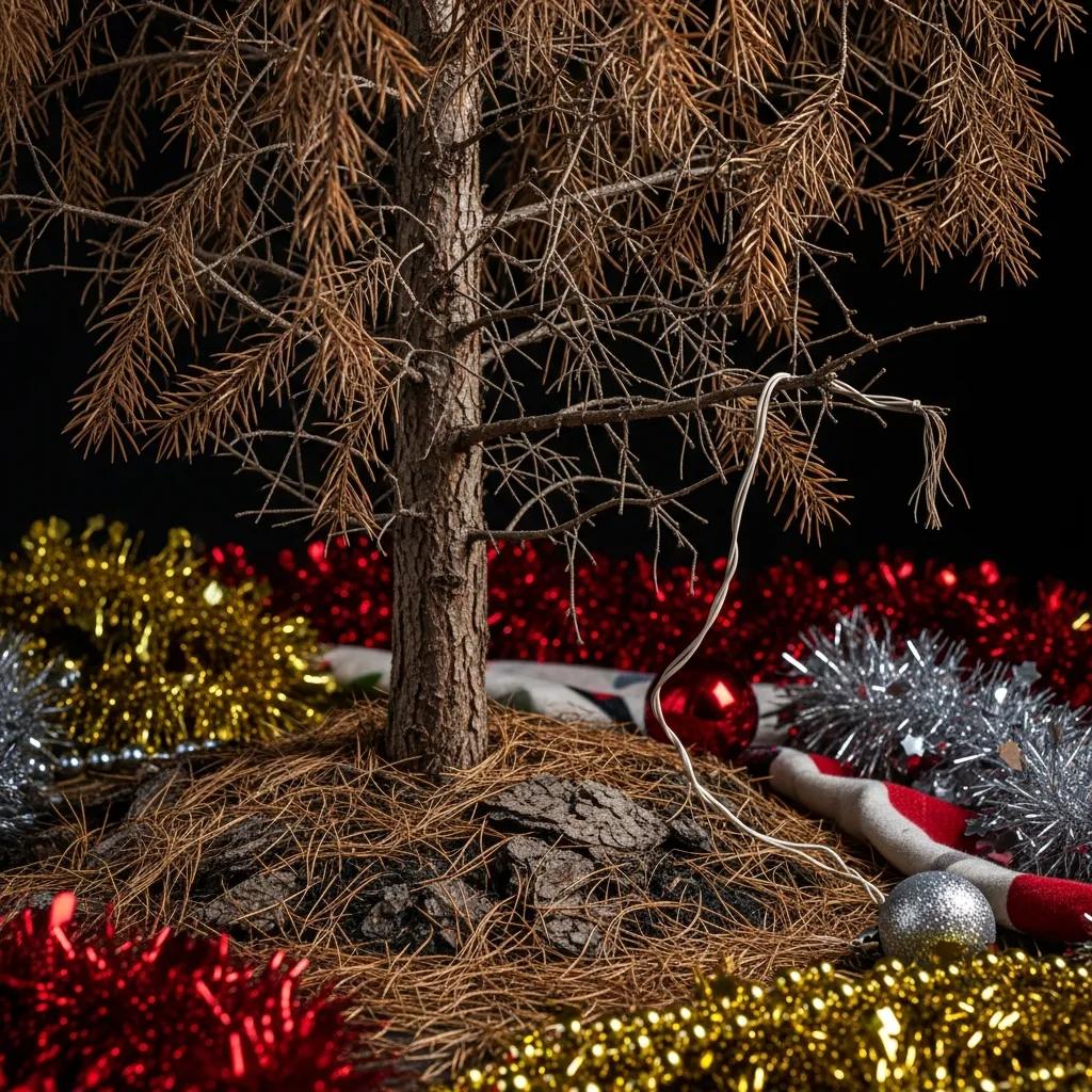 Dry Christmas tree with brittle needles beside flammable decorations, showing holiday fire risk