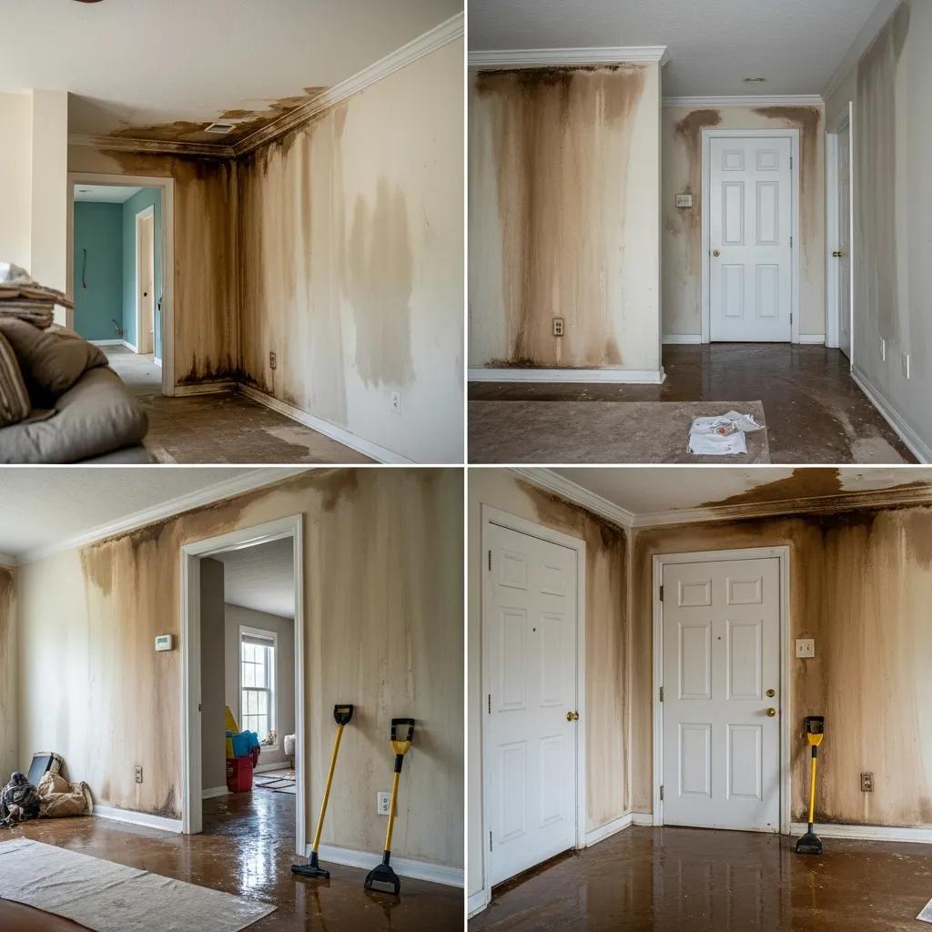 Home with visible water damage and potential mold growth after a storm