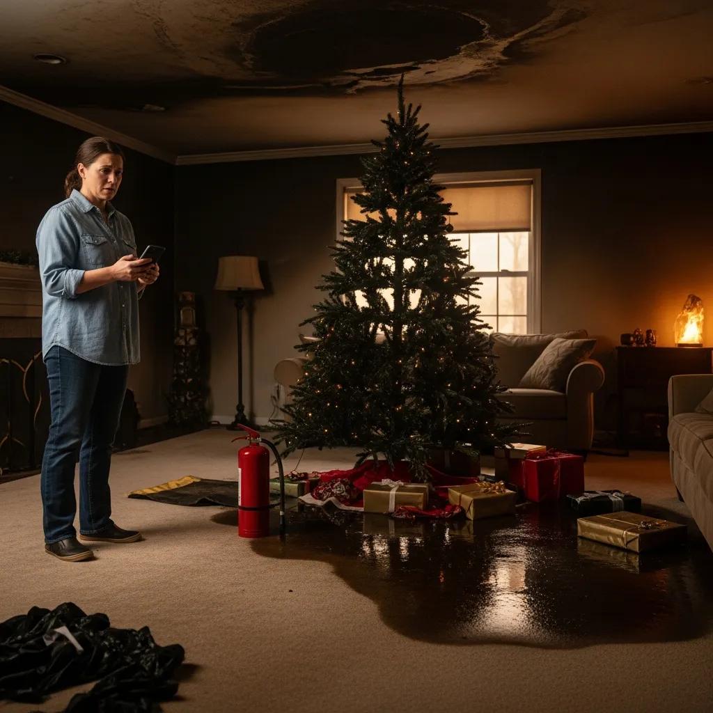 Homeowner inspecting damage after a Christmas tree fire, focus on next steps