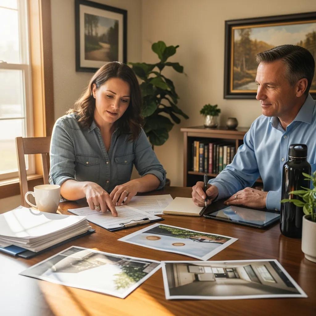 Homeowner discussing storm damage with insurance adjuster, showcasing collaboration