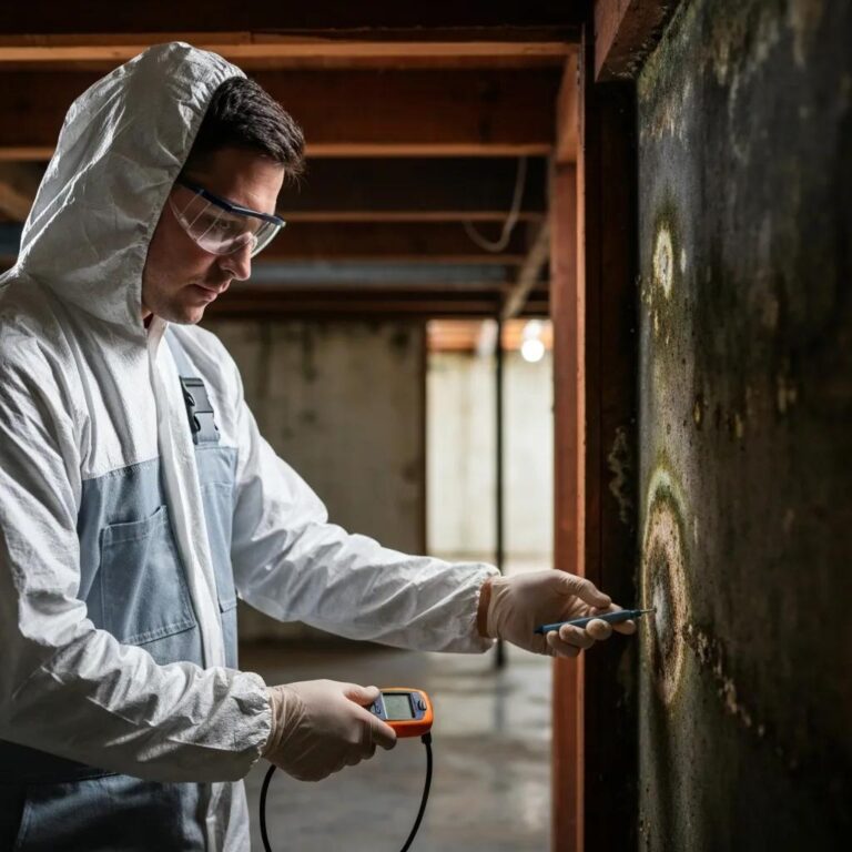 Mold technician inspecting a home with a moisture meter