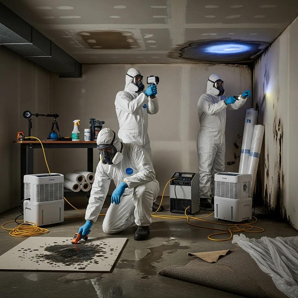 Professional mold remediation team inspecting a home for mold