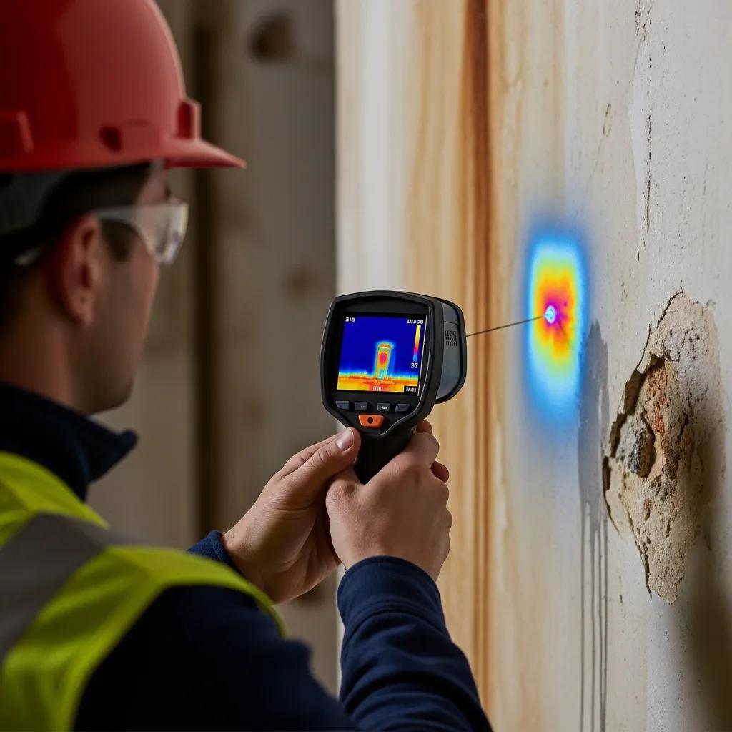 Professional using thermal imaging to detect moisture in a wall