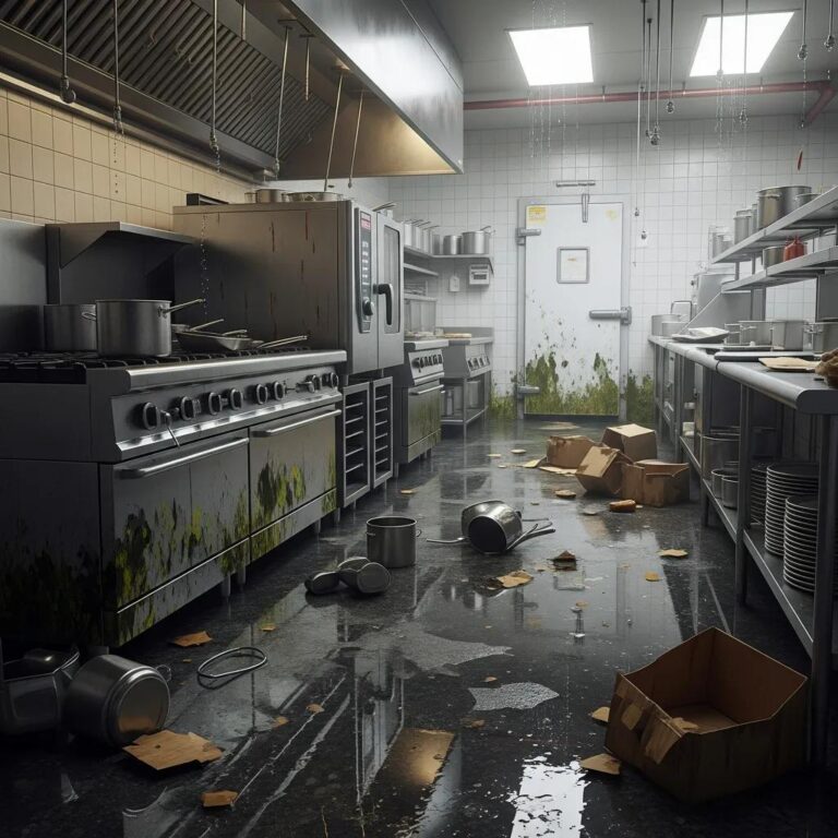 Restaurant Water Damage & Mold Restoration-Restaurant kitchen showing water damage and mold, emphasizing the need for restoration services