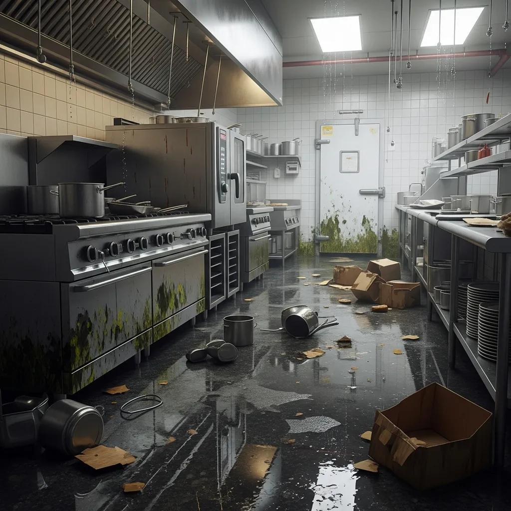 Restaurant Water Damage & Mold Restoration-Restaurant kitchen showing water damage and mold, emphasizing the need for restoration services