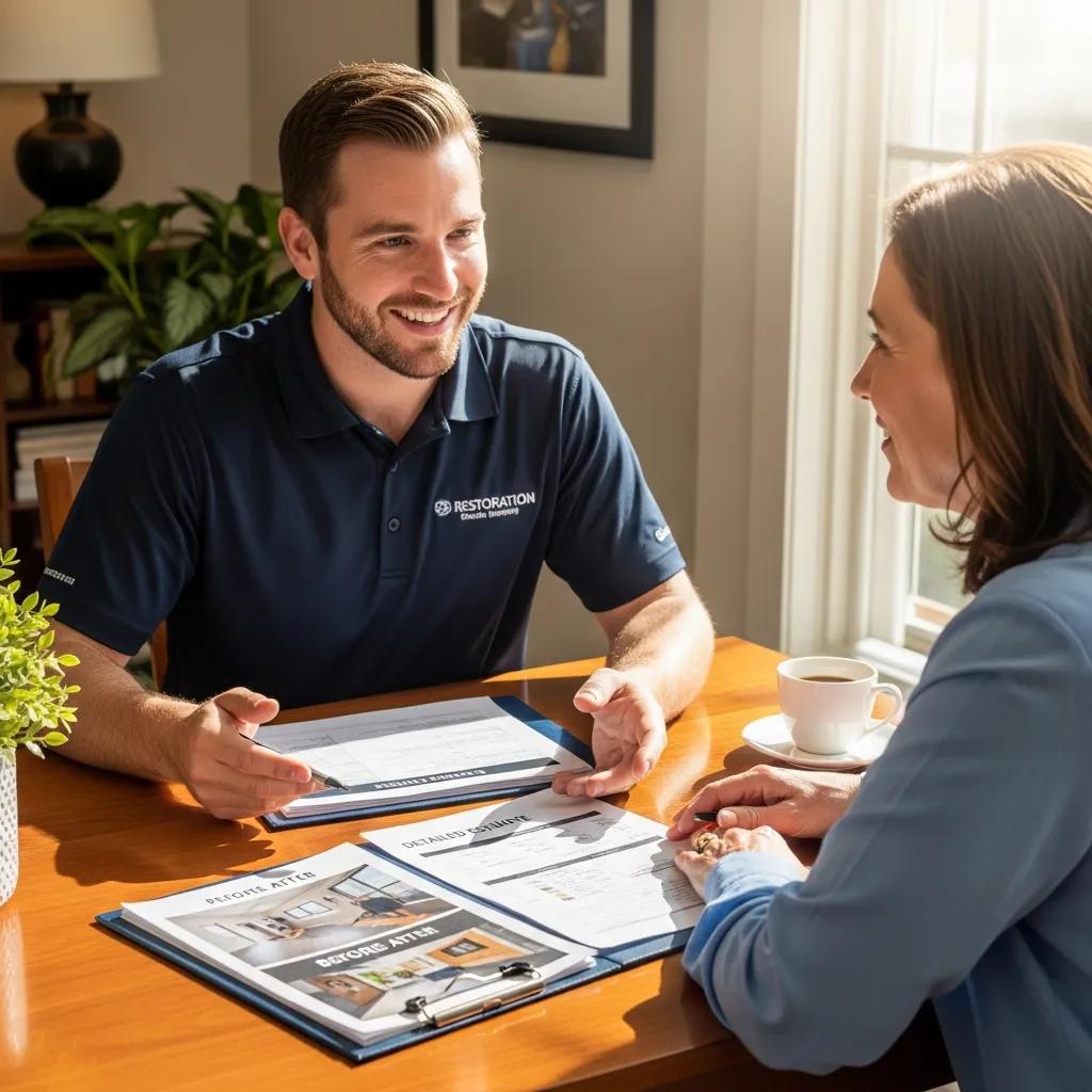 Team member explaining the restoration process and costs to a homeowner